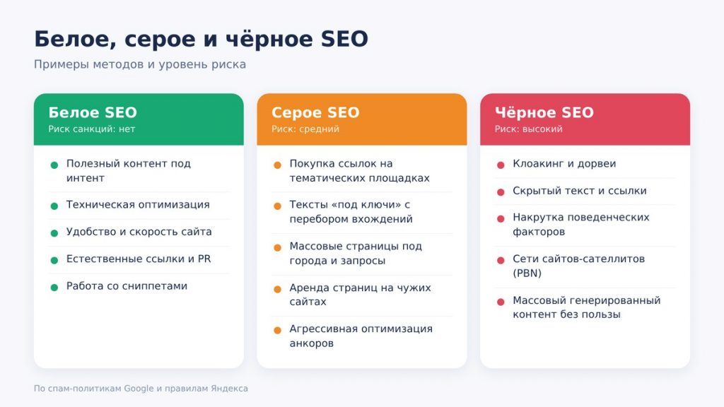 Белое, серое и чёрное SEO: примеры методов и уровень риска